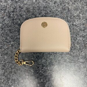 Anne Klein Curved Zipper Dome Coin/Card Holder Pouch Keychain Wallet Beige